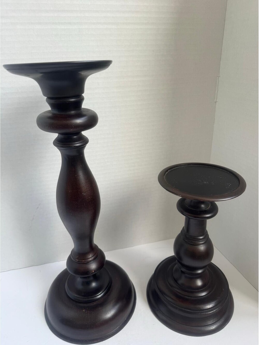 Vintage Pottery Barn Turned Wood Pillar Candle Holders — Espresso Finish